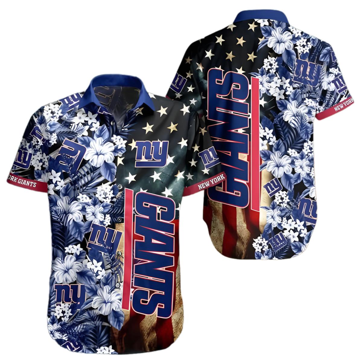 NFL New York Giants Hawaiian Shirt American Flag Flowers Design 1 1