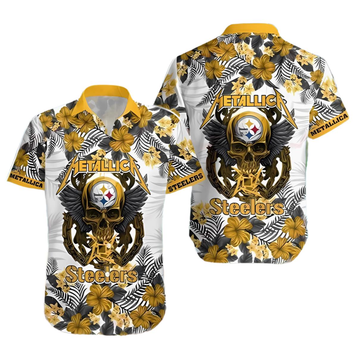 Pittsburgh Steelers Hawaiian Button Up Shirt Metallica Skull And Flower 1 1