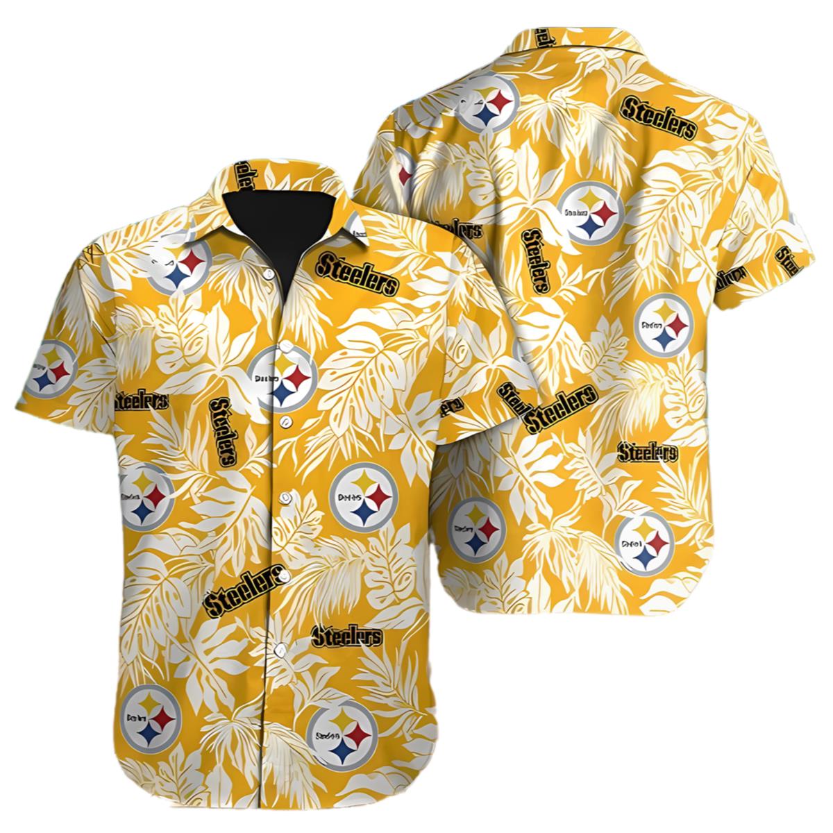 Pittsburgh Steelers NFL Mens Hawaiian Button Up Shirt NFL Tropical Leafs Print 1 1