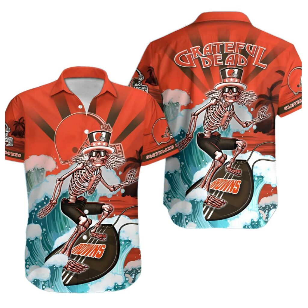 Skellington Surfing Cleveland Browns Hawaiian Shirt Mens 1 1