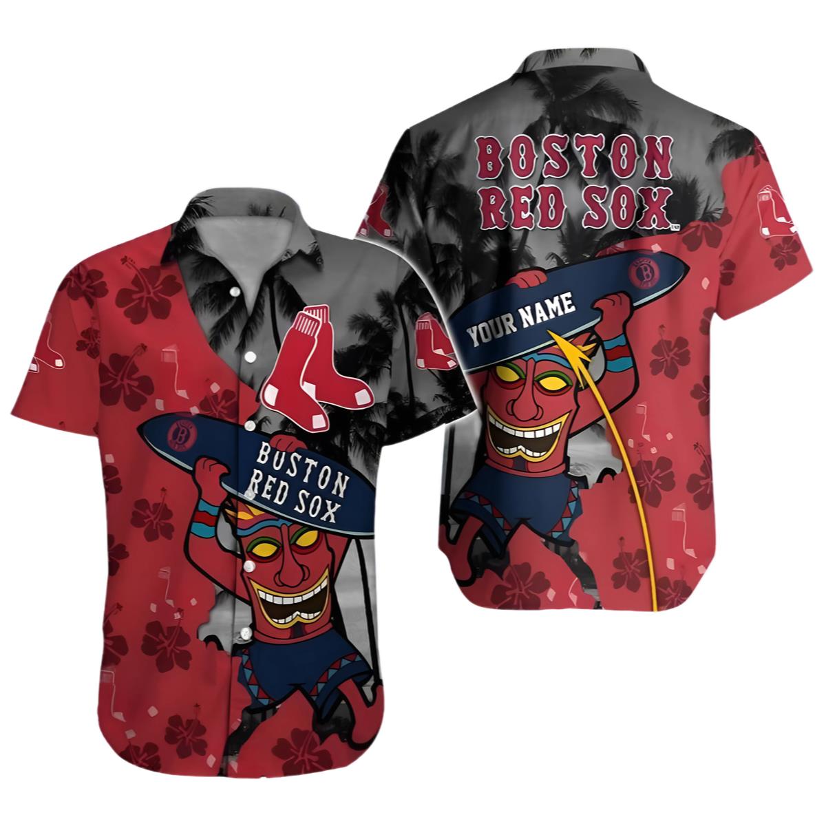 Funny Boston Red Sox Festive Tiki Hawaiian Shirt 0 0