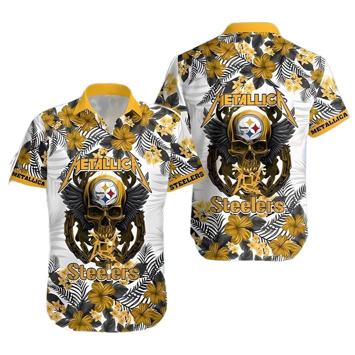 Metallica Skull And Flower Pittsburgh Steelers Hawaiian Shirt 0 0