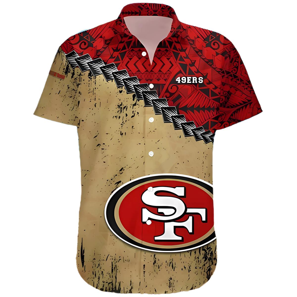 San Francisco 49ers Hawaiian Shirt Grunge Polynesian Tattoo 0 0