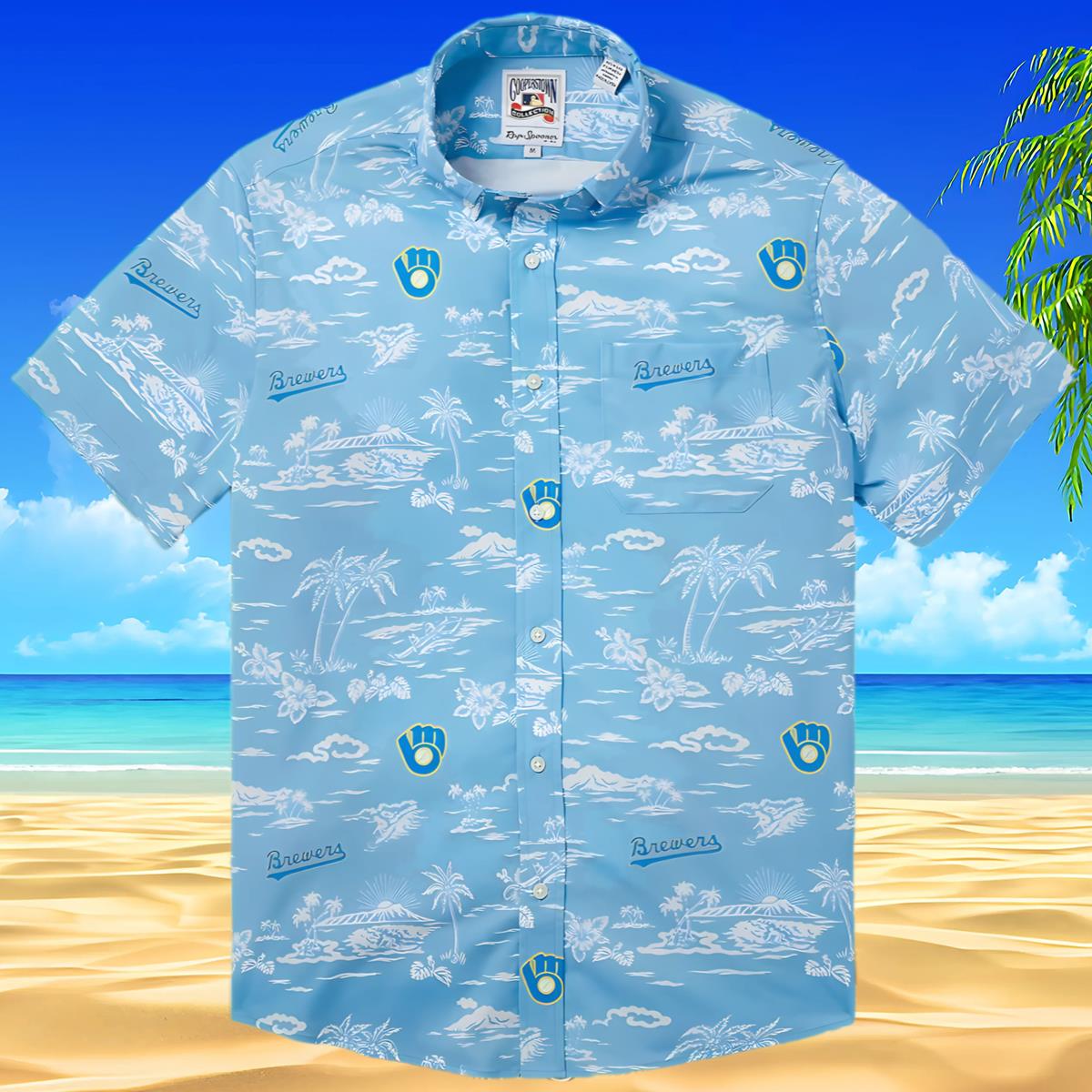 Men's Reyn Spooner Light Blue Cooperstown Hawaiian Brewers Shirt Aloha Shirt Aloha Shirt